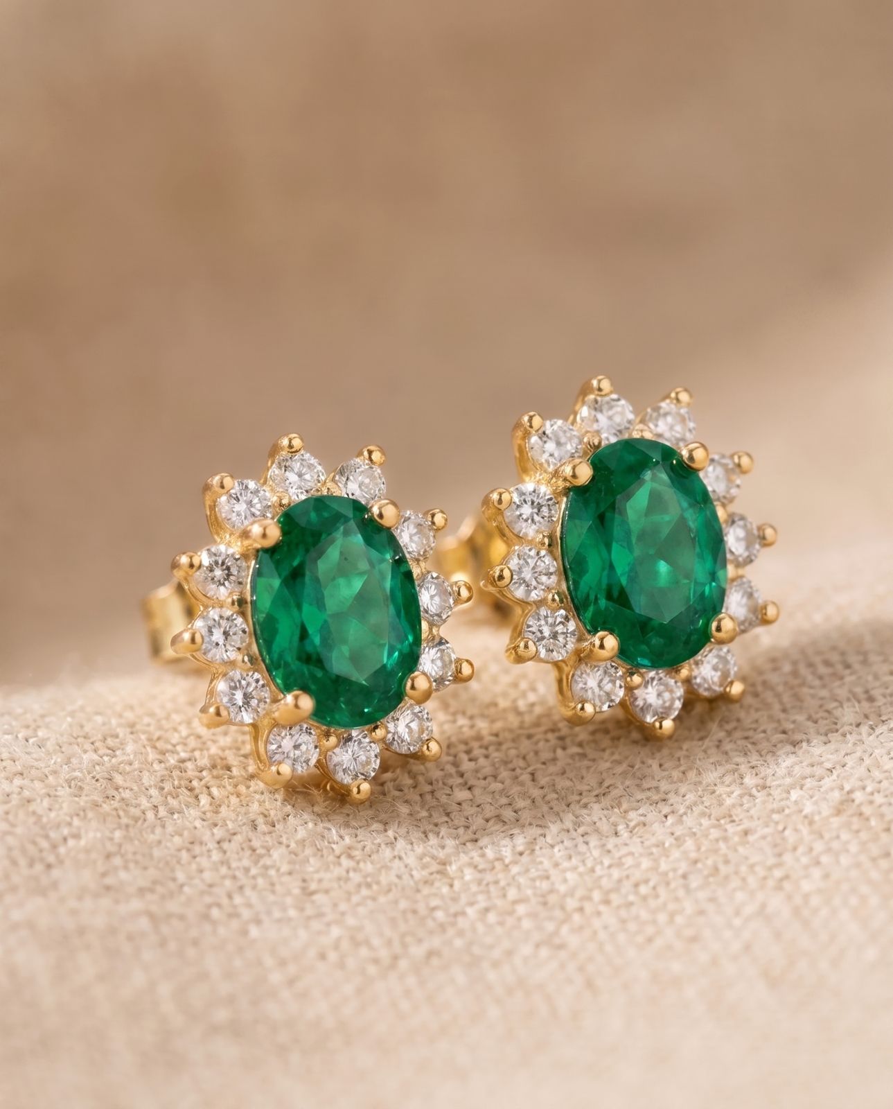Gold Emerald Halo Studs